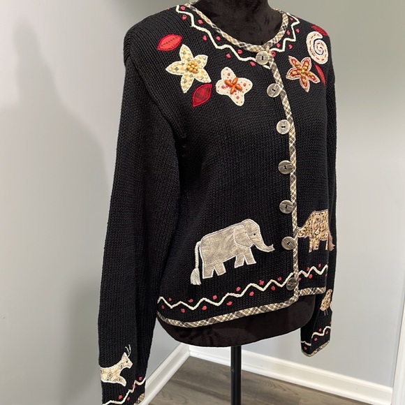 Vintage Orivis ramie cardigan sweater Medium floral animals patch embroidered - Picture 5 of 16